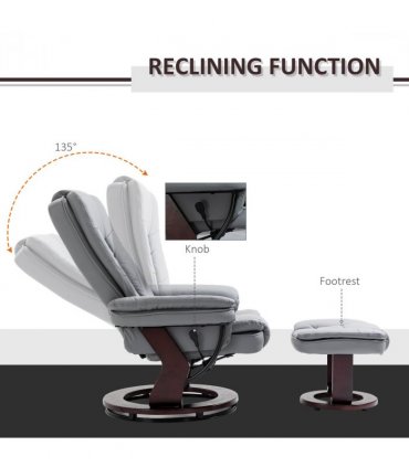 Swivel Manual Recliner and Footrest Set PU Lounge Chair Wood Base, Grey