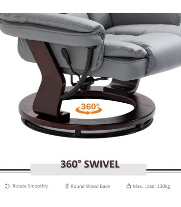 Swivel Manual Recliner and Footrest Set PU Lounge Chair Wood Base, Grey