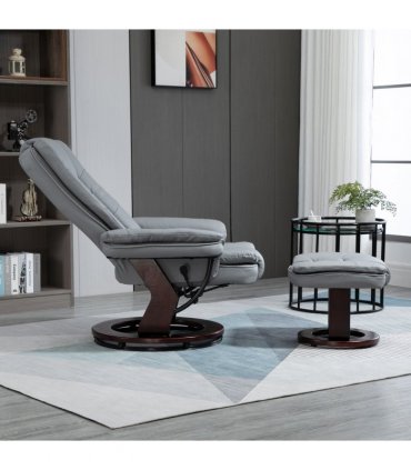 Swivel Manual Recliner and Footrest Set PU Lounge Chair Wood Base, Grey