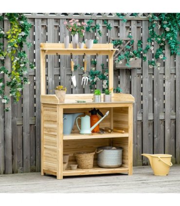 Garden Potting Bench Table Workstation w/ Galvanized Tabletop, Storage Shelves