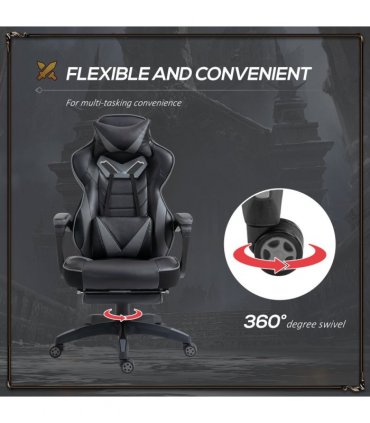 Gaming Chair Ergonomic Reclining w/ Manual Footrest Wheels Stylish Office Grey
