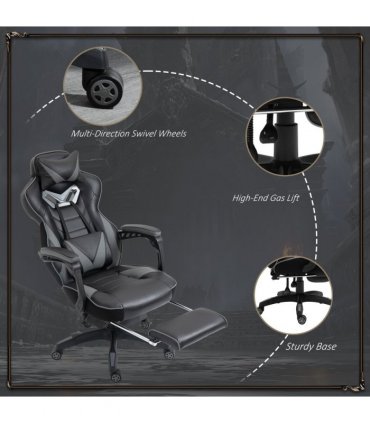 Gaming Chair Ergonomic Reclining w/ Manual Footrest Wheels Stylish Office Grey