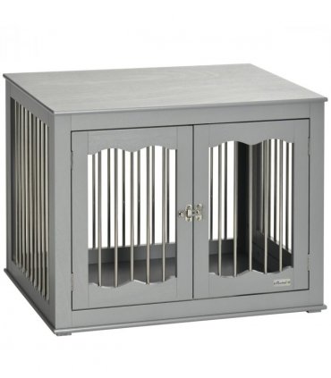 Wood Dog Crate Furniture W/ Three Doors, Locks & Latches, for Medium Dogs