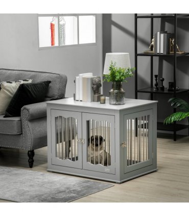 Wood Dog Crate Furniture W/ Three Doors, Locks & Latches, for Medium Dogs