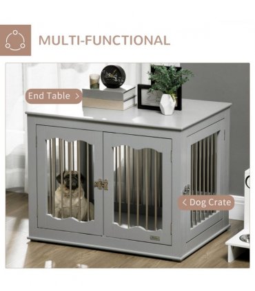 Wood Dog Crate Furniture W/ Three Doors, Locks & Latches, for Medium Dogs