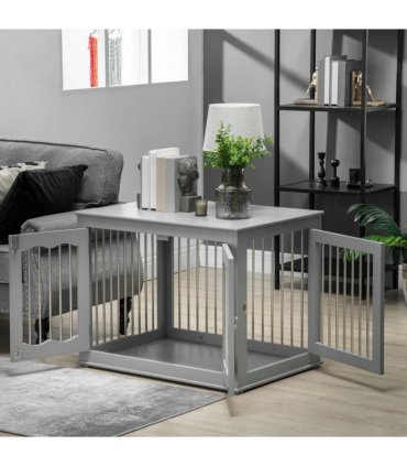 Wood Dog Crate Furniture W/ Three Doors, Locks & Latches, for Medium Dogs