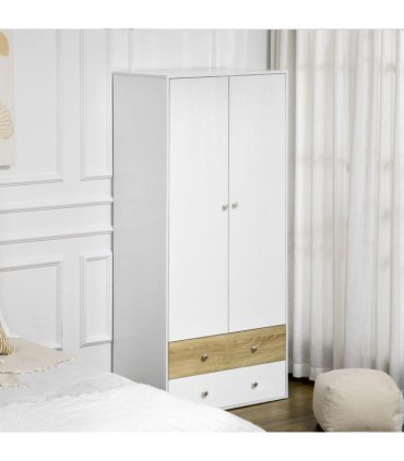 2 Door Wardrobe White Wardrobe with Drawers and Hanging Rod for Bedroom