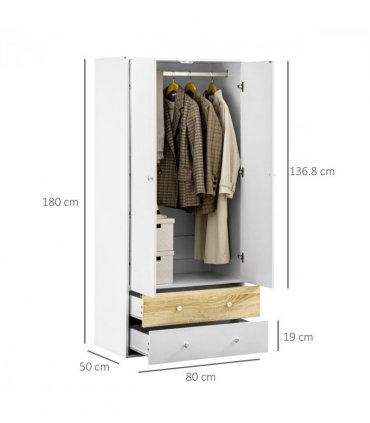 2 Door Wardrobe White Wardrobe with Drawers and Hanging Rod for Bedroom