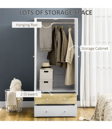 2 Door Wardrobe White Wardrobe with Drawers and Hanging Rod for Bedroom