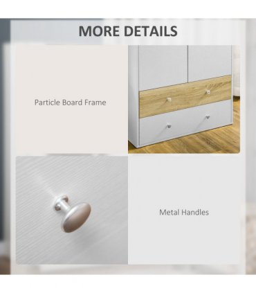 2 Door Wardrobe White Wardrobe with Drawers and Hanging Rod for Bedroom