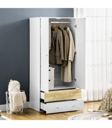 2 Door Wardrobe White Wardrobe with Drawers and Hanging Rod for Bedroom