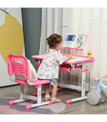 Kids Study Desk and Chair Set w/ Adjustable Height, Storage Drawer - Pink