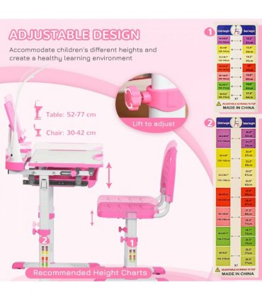 Kids Study Desk and Chair Set w/ Adjustable Height, Storage Drawer - Pink