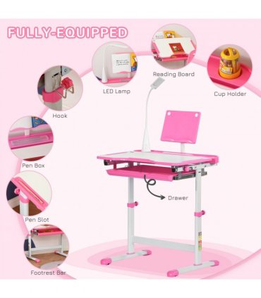 Kids Study Desk and Chair Set w/ Adjustable Height, Storage Drawer - Pink
