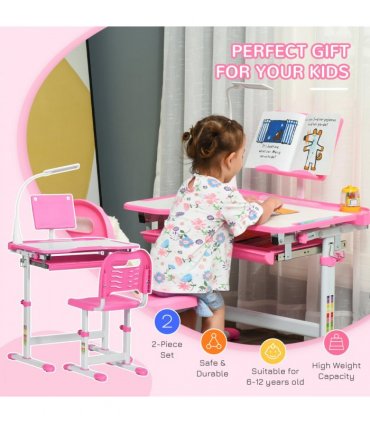 Kids Study Desk and Chair Set w/ Adjustable Height, Storage Drawer - Pink