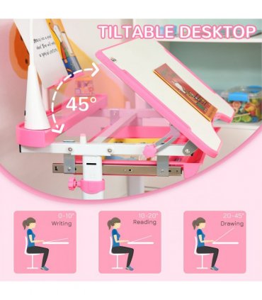 Kids Study Desk and Chair Set w/ Adjustable Height, Storage Drawer - Pink