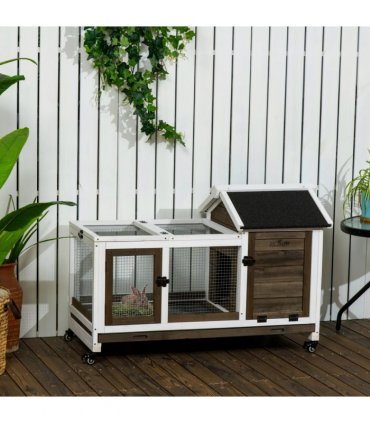 Rabbit Hutch Guinea Pig Cage with Slide-out Tray Wheels for Outdoor & Indoor