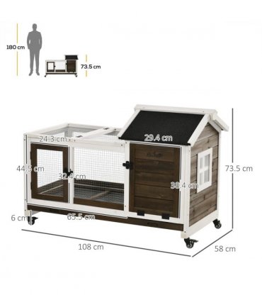 Rabbit Hutch Guinea Pig Cage with Slide-out Tray Wheels for Outdoor & Indoor
