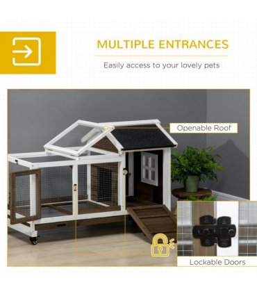 Rabbit Hutch Guinea Pig Cage with Slide-out Tray Wheels for Outdoor & Indoor