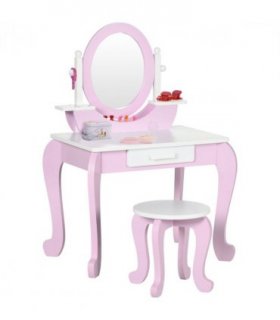 Kids Dressing Table with Mirror and Stool with Drawer for 3-6 Years Old, Pink