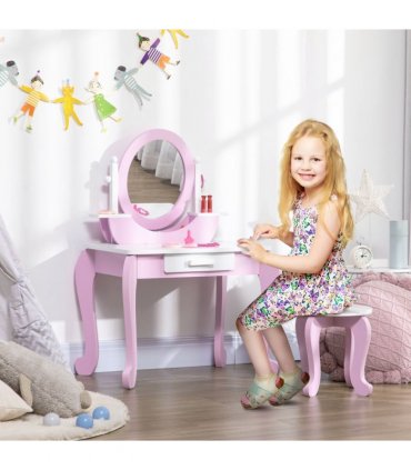 Kids Dressing Table with Mirror and Stool with Drawer for 3-6 Years Old, Pink