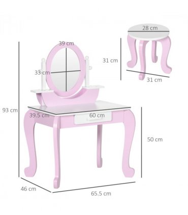 Kids Dressing Table with Mirror and Stool with Drawer for 3-6 Years Old, Pink