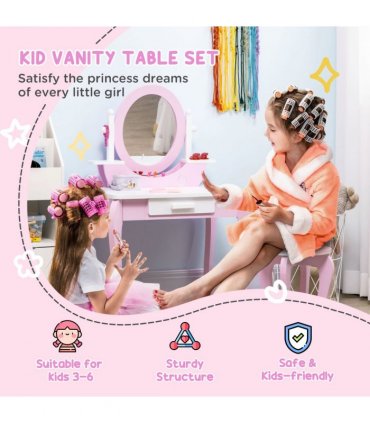 Kids Dressing Table with Mirror and Stool with Drawer for 3-6 Years Old, Pink
