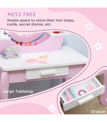 Kids Dressing Table with Mirror and Stool with Drawer for 3-6 Years Old, Pink