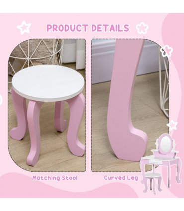 Kids Dressing Table with Mirror and Stool with Drawer for 3-6 Years Old, Pink