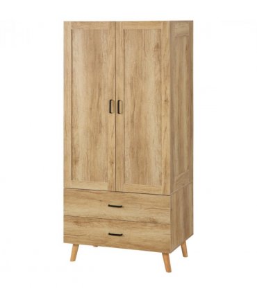 2 Door Wardrobe, Modern Wardrobe w/ 2 Drawer, Hanging Rail for Bedroom Natural