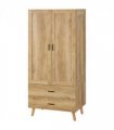 2 Door Wardrobe, Modern Wardrobe w/ 2 Drawer, Hanging Rail for Bedroom Natural