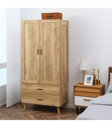 2 Door Wardrobe, Modern Wardrobe w/ 2 Drawer, Hanging Rail for Bedroom Natural