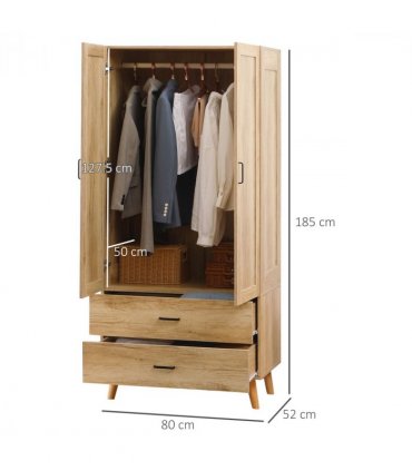 2 Door Wardrobe, Modern Wardrobe w/ 2 Drawer, Hanging Rail for Bedroom Natural