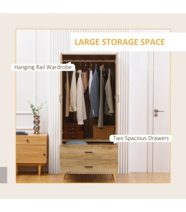 2 Door Wardrobe, Modern Wardrobe w/ 2 Drawer, Hanging Rail for Bedroom Natural