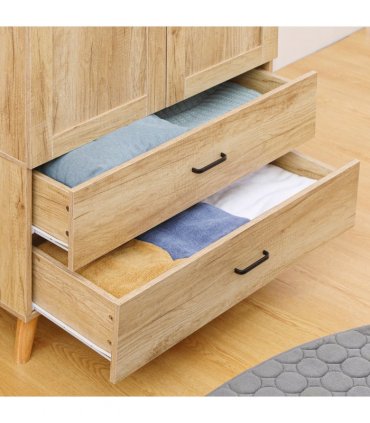 2 Door Wardrobe, Modern Wardrobe w/ 2 Drawer, Hanging Rail for Bedroom Natural