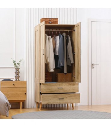 2 Door Wardrobe, Modern Wardrobe w/ 2 Drawer, Hanging Rail for Bedroom Natural