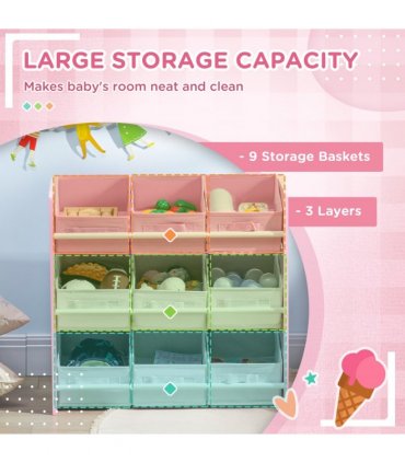 Kids Storage Unit with 9 Removable Storage Baskets for Nursery Playroom, Pink