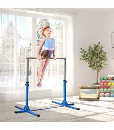 Kids Gymnastics Bar Adjustable Blue Steel Wood Beech 197L x 121W x 92H cm