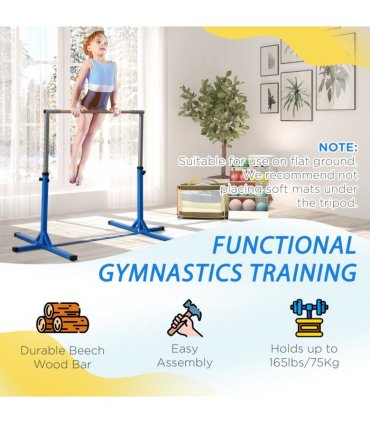 Kids Gymnastics Bar Adjustable Blue Steel Wood Beech 197L x 121W x 92H cm