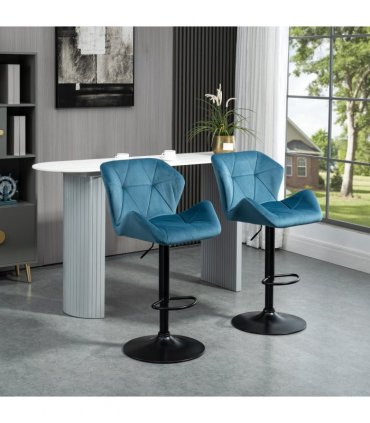 Velvet Blue 57cm x 58cm x 117cm Set Of 2 Luxurious Velvet-Touch Bar Stools