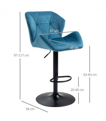 Velvet Blue 57cm x 58cm x 117cm Set Of 2 Luxurious Velvet-Touch Bar Stools