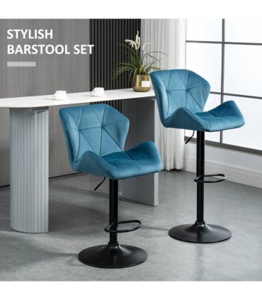 Velvet Blue 57cm x 58cm x 117cm Set Of 2 Luxurious Velvet-Touch Bar Stools