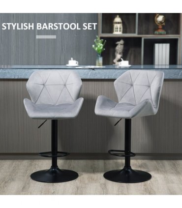 Bar Stools Velvet Grey 57cm x 58cm x 117cm Set Of 2 Luxurious Velvet-Touch