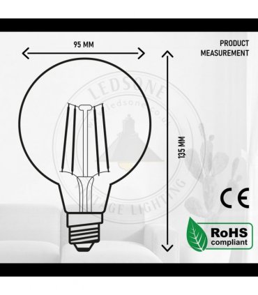 LED Dimmable Bulb G95 E27 2700K 4W Glass Metal Amber 6 Pack Vintage Light Bulbs