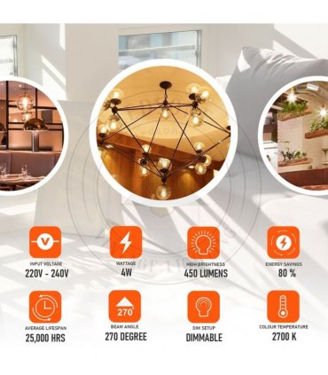 LED Dimmable Bulb G95 E27 2700K 4W Glass Metal Amber 6 Pack Vintage Light Bulbs