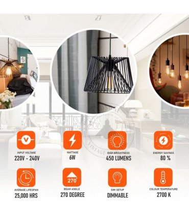 6Pack E27 LED Edison Dimmable Vintage Amber Glass Warm white 2700K Light Bulb, 