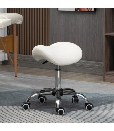 Saddle Stool Hydraulic Rolling Faux Leather Height Adjust Mobility Chair Cream