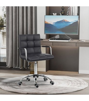 Desk Chair Mid Back PU Leather Swivel Arm Wheel Black 84-99cm Adjustable Height