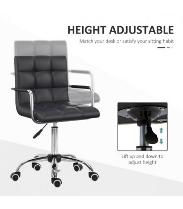 Desk Chair Mid Back PU Leather Swivel Arm Wheel Black 84-99cm Adjustable Height