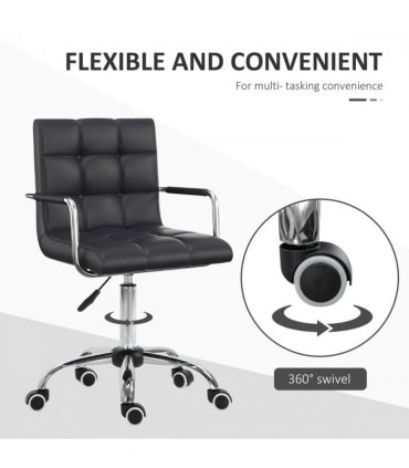 Desk Chair Mid Back PU Leather Swivel Arm Wheel Black 84-99cm Adjustable Height